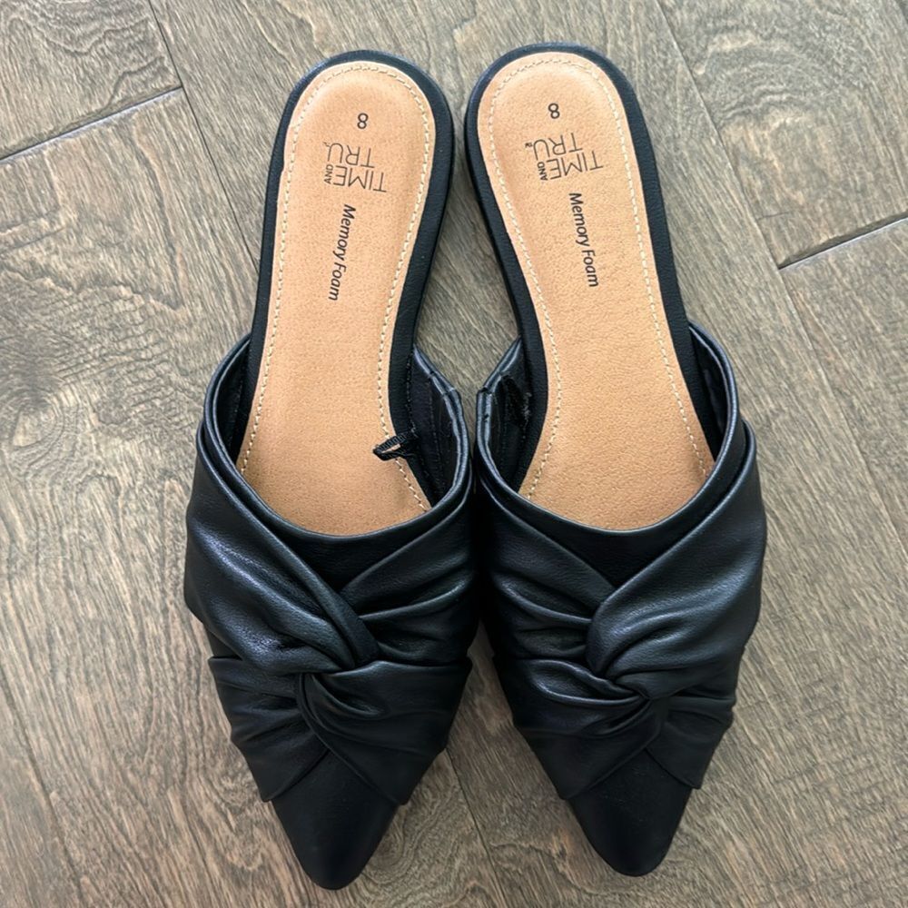 Time and Tru Women's Slip on Woven Twist Black Dress Mules Flats Size 8